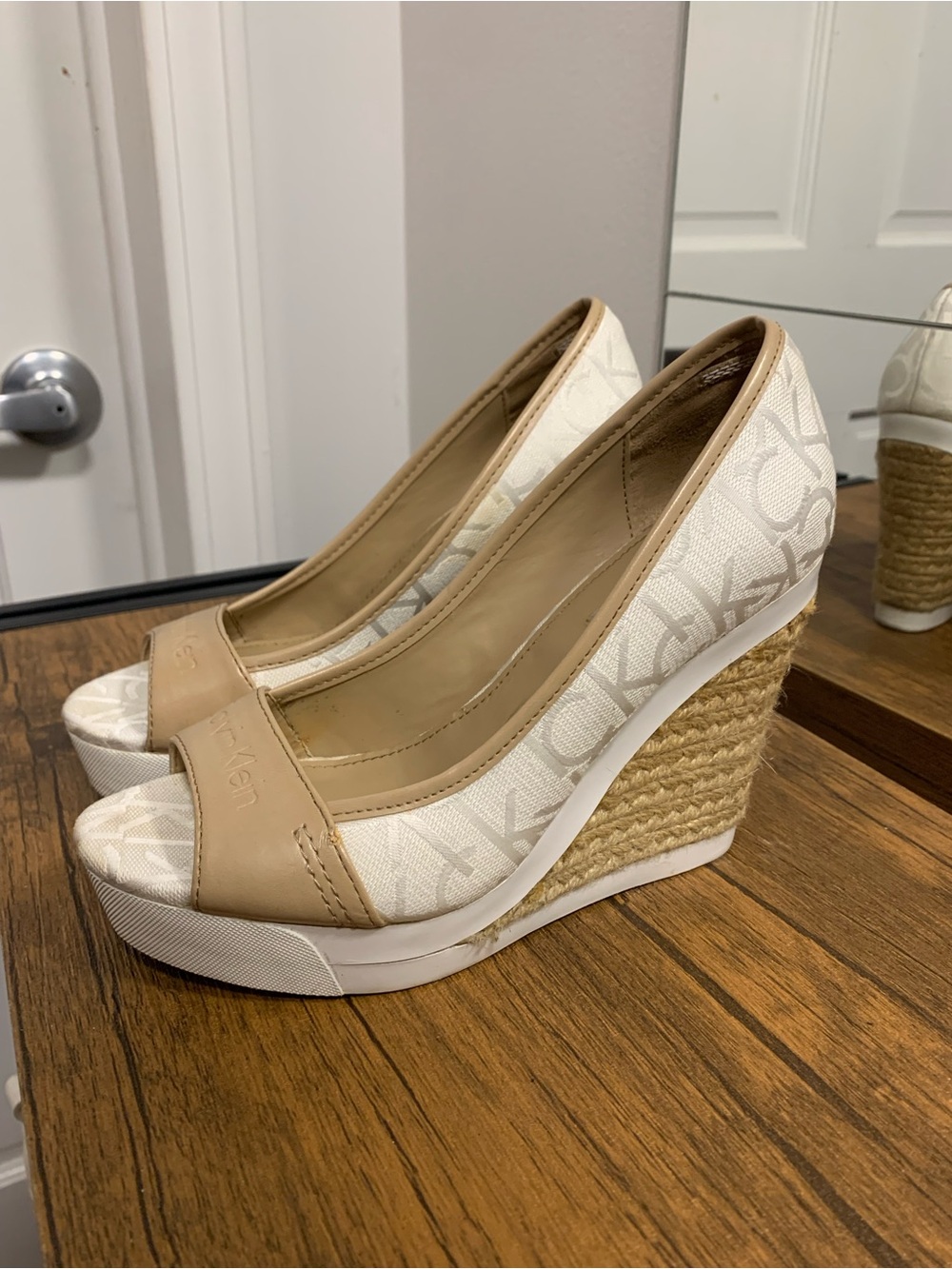 Calvin Klein White and Tan Logo Espadrille Wedge Peep-Toe Heels